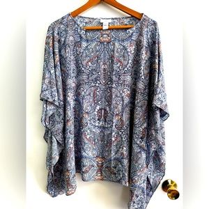J JILL Blue Paisley Poncho Kimono Lightweight Rayon Flowy Tunic Womens M/L